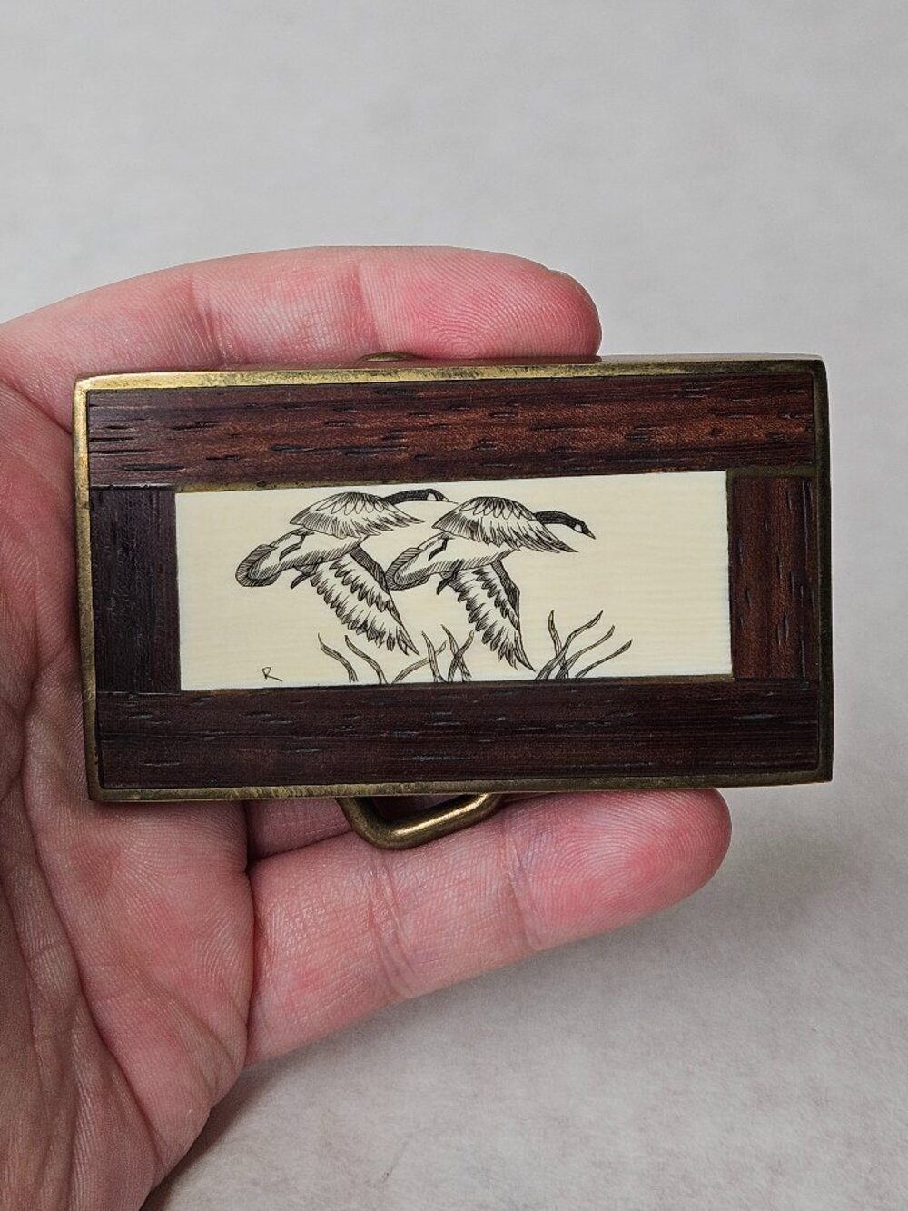 Vintage 1978 Brass Wood Duck Etched Belt Buckle